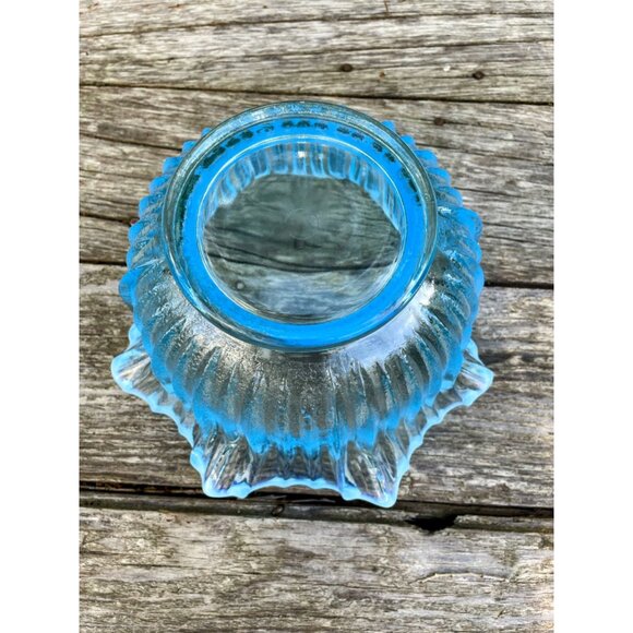 Vintage MCM Opalescent Blue Ribbed Ruffled Art Glass Bowl - Picture 4 of 16